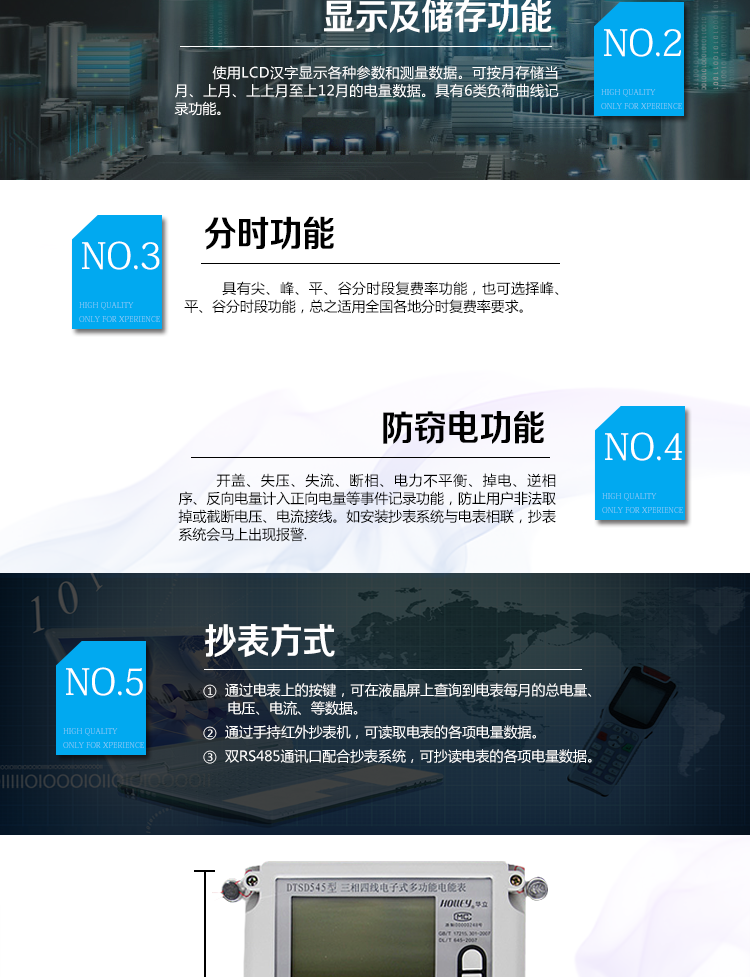 华立DTSD545电能表主要功能
　　电能计量功能
　　计量参数：可计量有功、无功、正向有功、反向有功、正向无功、反向无功、四象限无功等电量。
　　分时功能：具有尖、峰、平、谷分时段复费率功能，也可选择峰、平、谷分时段功能，总之适用全国各地分时复费率要求。
　　数据存储：可按月存储当月、上月、上上月至上12月的电量数据。
　　具有6类负荷曲线记录功能。
　　监测参数：可监测各相电压、电流实时值，可监测三相总及A、B、C各相有功功率、无功功率、功率因数、相角、相位等实时参数。
　　显示功能：使用LCD汉字显示各种参数和测量数据。
　　防窃电功能
　　开盖记录功能，防止非法更改电路。
　　电压合格率、失压记录功能，防止用户非法取掉或截断电压接线，如已发生，可通过记录的时间核算所损失的电量，为追补电量提供依据。
　　失流、断相记录功能，防止用户非法短接电流接线，如已发生，可通过记录的时间核算所损失的电量，为追补电量提供依据。
　　电流不平衡记录：可警惕用户在电表接线的前端截取电量。
　　掉电记录功能，防止用户非法取下电表的工作电源，如已发生，可通过记录的时间核算所损失的电量，为追补电量提供依据。
　　反向电量计入正向电量，用户如将电流线接反，电表照样正向走字，不具有窃电作用。
　　逆相序报警，用户非法接线，电表会报警，除非把线接正确，否则一直报警。