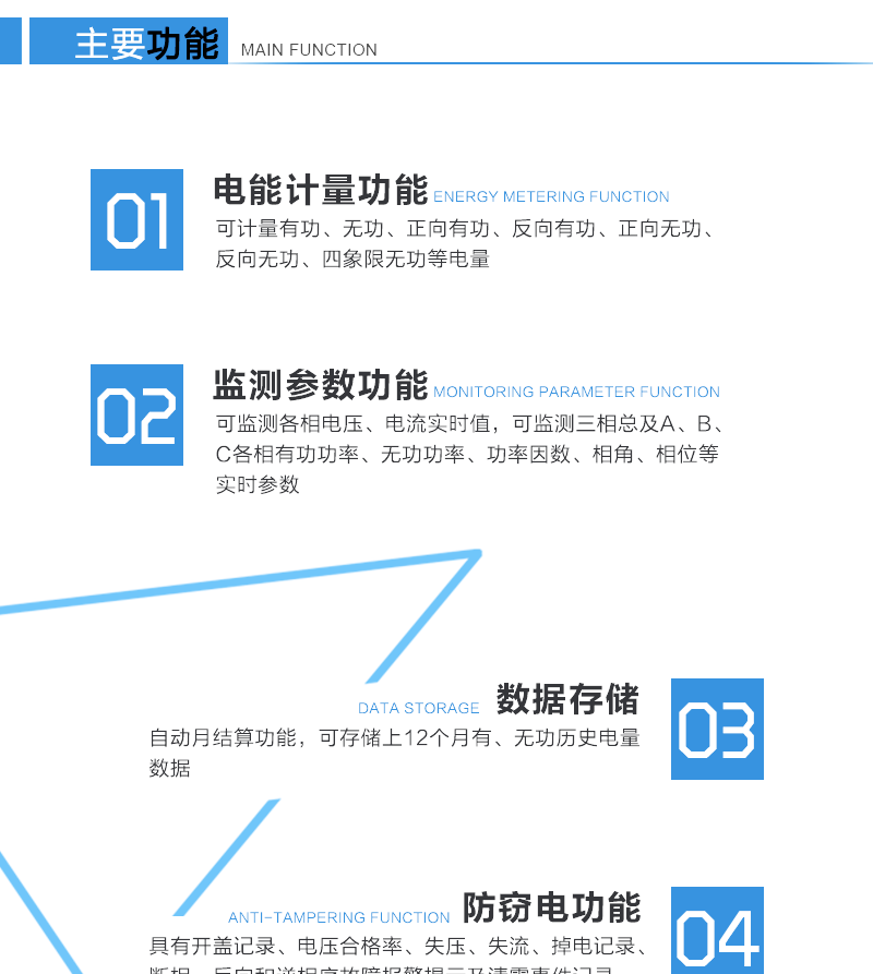 技术参数
标准参比电压（V）：3×100，3×220/380
标准电流（A）：3×1.5，3×5，3×10，3×15，3×20，
最大电流（A）：不大于100A，且不大于标准电流的10倍
标准参比频繁（Hz）：50