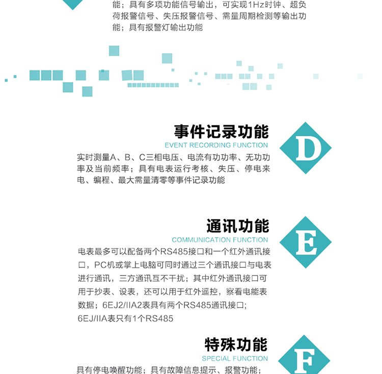 功能特点
&nbsp;&nbsp;&nbsp; 计量功能
    a.计量有功总电能、无功总电能，当前及上月分相有功电能、当前分相无功电能；
    b.分时计量正、反向有功，正、反向无功，四象限无功电能及最大需量及发生时间；
    c.电量及需量可记录3个月内的数据，正向有功电能和正向有功最大需量可记录12个月的历史数据。
&nbsp;&nbsp;&nbsp; 复费率功能
    a.可编程4种费率，12个时段，8个日时段表，10个时区，12个公共假日，周休日设置；
    b.外置时钟芯片具有日历、计时和闰年自动转换功能。
&nbsp;&nbsp;&nbsp;&nbsp;显示功能
    b.具有数据轮显、按键显示功能；
    d.用遥控器可查看任意一项数据内容；
    e.液晶显示的数据内容具有中文和相关符号提示。