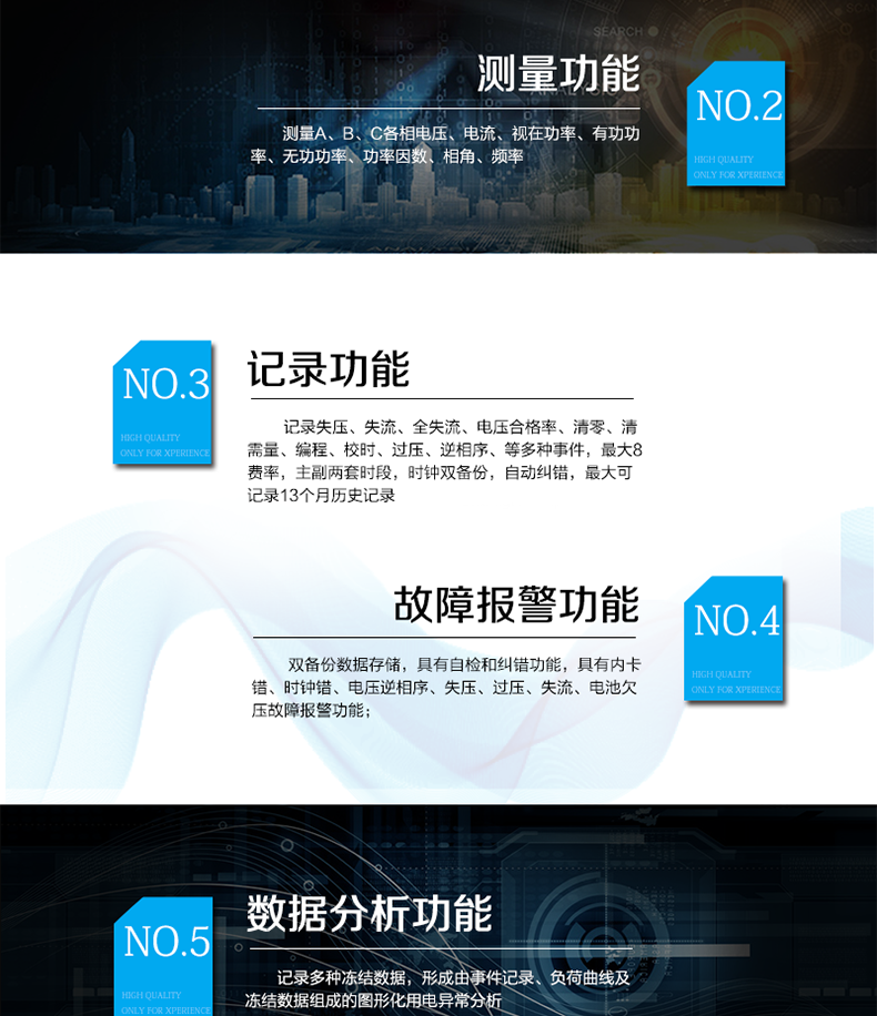 威胜DTSD341-MA2三相四线电能表主要功能　　全汉字点阵式液晶显示，菜单式操作界面，可图形显示部分数据。大屏幕、宽视角液晶显示，具备丰富的状态指示和汉字提示符，带背光。可显示中文、英文、俄文、西班牙文等;　　二路空接点电能脉冲及LED电能脉冲指示灯输出，报警指示灯输出。　　2路或3路标准RS-485、1路吸附式红外/远红外通信接口，通道相互独立。　　分时计量正反向有功电量、四象限无功电量、组合1、组合2无功电量，可设置四象限无功任意组合方式。　　分时计量正反向有功、无功最大需量及发生时间。　　最大8费率，主副两套时段，时钟双备份，自动纠错，最大可记录13个月历史记录。　　可设置6类数据记录负荷曲线，容量达到2M字节(可选4M字节)。　　测量功能:测量A、B、C各相电压、电流、视在功率、有功功率、无功功率、功率因数、相角、频率。　　记录失压、失流、全失流、电压合格率、清零、清需量、编程、校时、上电、过压、逆相序、开盖等多种事件。　　双备份数据存储，具有自检和纠错功能，具有内卡错、时钟错、电压逆相序、失压、过压、失流、电池欠压故障报警功能。　　具有防窃电开盖检测功能。　　停电后可通过按键唤醒显示，唤醒后，可以通过液晶显示抄表。　　采用开关电源，AC/DC自适应辅助电源供电，上电后由辅助电源优先供电;　　记录多种冻结数据，形成由事件记录、负荷曲线及冻结数据组成的图形化用电异常分析;　　三路光耦空节点可选择单独输出或三合一输出秒脉冲、需量周期或滑差时间到、时段投切。