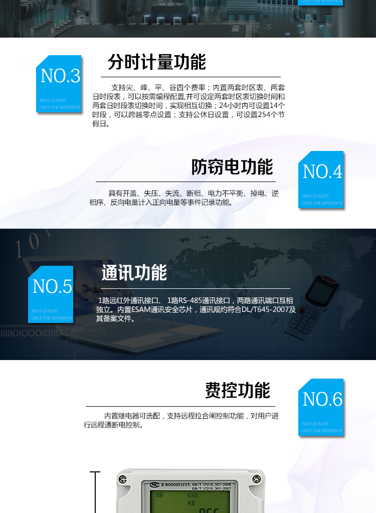 海兴DDZY208单相电能表主要功能
　　计量功能
　　具有正向、反向及组合有功电能计量的功能，组合有功电能可根据正反向有功电能进行按需配置。
　　分时计量功能
　　支持尖、峰、平、谷四个费率;内置两套时区表、两套日时段表，可以按需编程配置,并可设定两套时区表切换时间和两套日时段表切换时间，实现相互切换;24小时内可设置14个时段，可以跨越零点设置;支持公休日设置，可设置254个节假日。
　　测量功能
　　能测量电压、电流、功率以及功率因数等电网参数，零线电流测量功能可选配。测量准确度高，可以达到1级以内标准。
　　数据存储功能
　　支持多种冻结方式，包括：日冻结、整点冻结、定时冻结、瞬时冻结、约定冻结。
　　事件记录功能
　　分别记录最近10次掉电、编程、校时、开表盖、跳闸、合闸、事件清零、电表清零。
　　通信功能
　　具备1路远红外通讯接口、 1路RS-485通讯接口，两路通讯端口互相独立。通讯规约符合DL/T645-2007及其备案文件。
　　费控功能
　　内置继电器，支持远程拉合闸控制功能，对用户进行远程通断电控制。采用20位数字码的形式实现虚拟介质充值，安全可靠，管理灵活方便。支持远程充值和本地遥控器充值，充值灵活便捷。
　　用户交互界面
　　采用大屏幕液晶显示，提供丰富的图形或文字提示信息;显示内容可通过按键循环查询，显示项目可通过通信口按需配置;提供液晶背光，方便查看。支持停电唤醒功能，能通过按键或非接触方式唤醒电能表，实现屏幕显示抄读电量和红外通信口抄读电量等数据。