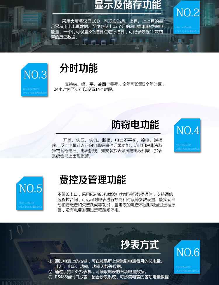 华立DDZY285-Z单相电能表主要功能
   电能计量功能
　　计量参数：具有正、反向组合有功电能的计量功能，组合有功电能可由正反向有功电能进行选择性组合。
　　测量功能：能测量电压、电流(包含零线)，有功功率以及功率因数等电网参数。
　　分时功能：支持尖、峰、平、谷四个费率，全年可设置2个年时区，24小时内至少可以设置14个时段。
　　数据存储：至少存储上12个月的总电能和各费率电能量。一个月可设置3个结算点进行结算，可记录最近12次结算的历史数据。
　　显示功能：采用大屏幕汉显LCD，可现实当月、上月、上上月的每月累积用电电量数据。
　　防窃电功能
　　开盖记录功能，记录开表盖总次数，防止非法更改电路。
　　反向电量计入正向电量，用户如将电流线接反，不具有窃电作用，电表照样正向走字
　　具有记录编程、掉电、校时、跳闸等事件发生的时刻以及事件发生时电能表状态，防止用户更改电表数据。
　　具有冻结和报警功能。
　　以上情况如发出，电表会出现报警标志，如安装抄表系统与电表相联，抄表系统会马上出现报警。
　　费控功能
　　采用RS-485和载波电力线进行数据通信，带IC卡口，支持通信本地拉合闸。
　　费控管理功能
　　一户(表)配套一张电卡，用户购电直接用电卡购电，方便操作管理。
　　可通过远程对电能表进行远程拉、合闸控制和时段等参数设置，进而对用户的用电实施远程管理。
　　能实现自动扣费缴费的功能和欠费跳闸等功能，当电表的电费不足时可以通过远程报警，没有电费时通过远程跳闸停电，操作管理十分方便。
