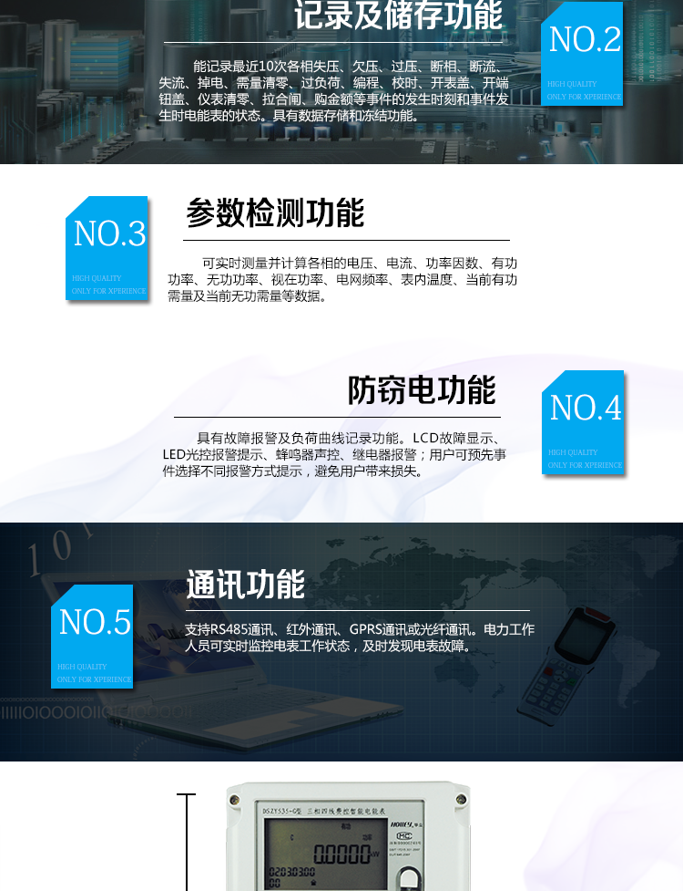 华立DSZY535-G电能表主要功能
　　具有正反向有功电能量和四象限无功电能量计量功能。
　　需量记录功能：记录正、反向有功以及正反向有功各费率最大需量及其出现的日期和时间。能存储12个月的结算周期最大需量数据。
　　具有数据存储和冻结功能。
　　事件记录：能记录最近10次各相失压、欠压、过压、断相、断流、失流、掉电、需量清零、过负荷、编程、校时、开表盖、开端钮盖、仪表清零、拉合闸、购金额等事件的发生时刻和事件发生时电能表的状态。
　　实时参数检测：可实时测量并计算各相的电压、电流、功率因数、有功功率、无功功率、视在功率、电网频率、表内温度、当前有功需量及当前无功需量等数据。
　　具有故障报警及负荷曲线记录功能。
　　通讯功能：RS485通讯、红外通讯、GPRS通讯或光纤通讯。