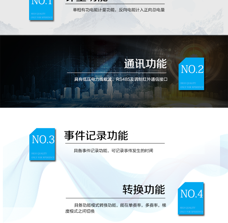 长沙威胜DDS102-Z电能表主要功能
单相有功电能计量功能，反向电能计入正向总电量。
采用LCD显示当前总用电量，显示位数为六位整数、两位小数。背光灯清晰直观，可通过按键唤醒。
工作电压范围宽，输入电压在80%Un ～120%Un下电能表可正常工作。
具有低压电力线载波、RS485及调制红外通信接口。
具备事件记录功能，可记录事件发生的时间。
具备功能模式转换功能，能在单费率，多费率，梯度模式之间切换。
具有通断电功能，可远程管理用户用电。
具有电压、电流、功率因素、频率等瞬时量的显示功能。