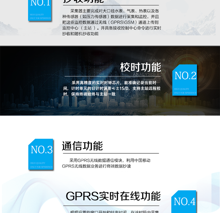 WMCJ-4000U型数据采集器主要功能 •可设定采集周 期：数据采集周期可设置，最小间隔1分钟，最大间隔24小时•维护功能：可通过本地TTL串口、红外、RF无线等方式对采集器进行设置和查询、软件升级等维护工作；可通过GPRS对终端进行设置和查询、软件升级等维护工作 