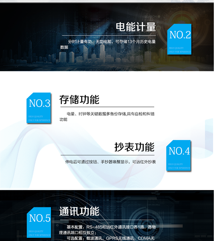 主要功能
　　宽视角、大屏幕液晶显示，具有丰富的状态指示与汉字辅助提示信息;
　　分时计量正向有功电量、反向有功电量、四象限无功电量，支持组合有功及四象限无功任意组合;计量分相的正向有功、反向有功和四象限无功电量;
　　分时计量正向有功、反向有功和四象限无功最大需量及发生时间;
　　最多可存储13个月历史电能和需量记录，电量数据支持最多一月三次结算;
　　最大8费率(增加IC卡预付费功能后最大4费率)，主副两套时段，时钟双备份自动纠错;
　　双备份数据存储，自动参数纠错;
　　可设置6类数据记录负荷曲线，存储容量达到2M字节;
　　全面的事件记录种类，具有防窃电开盖检测功能;
　　记录并存储13个月的电压质量统计数据;